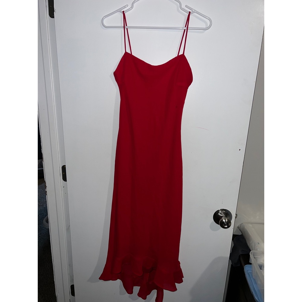 Be Smart Womens Red Ruffle Hem Spaghetti Strap Midi Dress Size 7/8 Made in USA